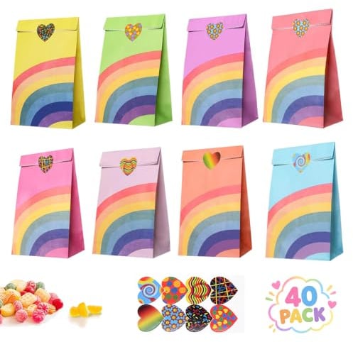 Gintan Geschenktüten 40 Stück 23.5 * 11.5 * 8cm kindergeburtstag | Geschenktüten Partytüten Papiertüten 40 Herzförmigen Aufkleber Candy Tüten Süssigkeiten Beutel für Hochzeit Kindergeburtstag