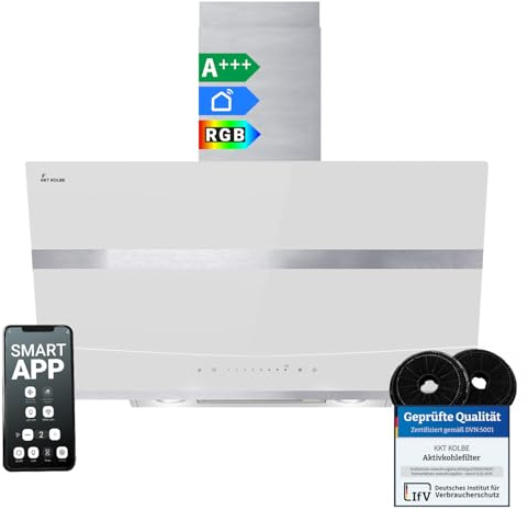 KKT KOLBE Dunstabzugshaube Wandhaube HERMES8005WM, 80 cm kopffrei | 782 cbm/h, Edelstahl und weißes Glas, SensorTouch-Bedienung, RGBW-LED-Beleuchtung, WLAN, Energieeffizienzklasse A+++