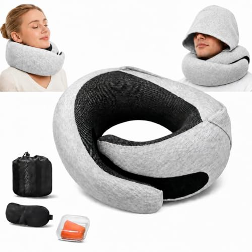ORHOMELIFE Nackenkissen Flugzeug mit Kapuze, Ohrstöpsel Flugzeug, Schlafmaske und Aufbewahrungstasche – Ergonomisches Reisekissen aus Memory-Schaum für Langstreckenflug, Autokissen, 360°Support