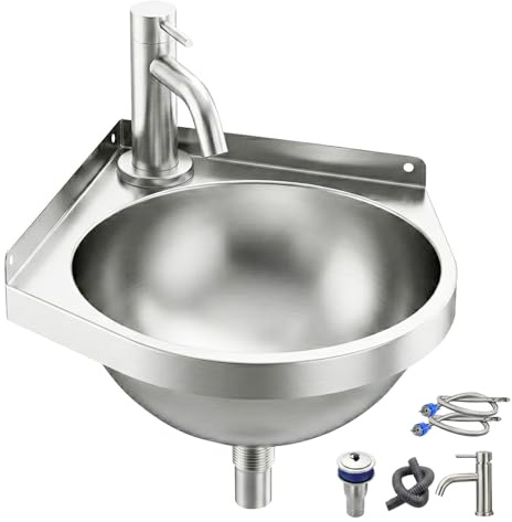 Eckwaschbecken Edelstahl mit Warm- und Kaltwasserhähnen, Wandmontage Dreieckiges Waschbecken, Platzsparend, Einzelbecken-Handwaschbecken für Küche, Bad, Toilette, Garage 21 * 21 * 15 cm