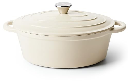 Ovaler Dutch Oven zum Brotbacken, 4,5 Quart Antihaft-Emaillierter Gusseisen-Dutch Oven Topf mit Deckel, ofenfest, ovale Kasserolle mit Deckel bis 260 °C zum Backen, Schmoren, Eintöpfe, Braten (Beige)
