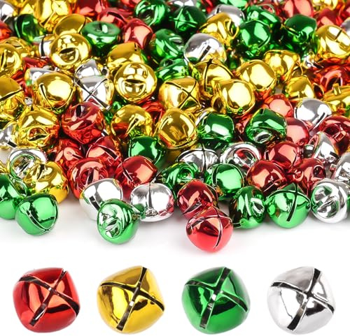 Hoiny Glöckchen zum Basteln, 200 Stück Bunte Metallglöckchen mit Ösen, 12MM für Schmuckherstellung, Weihnachten Dekoration, DIY (Gold, Silber, Rot, Grün)