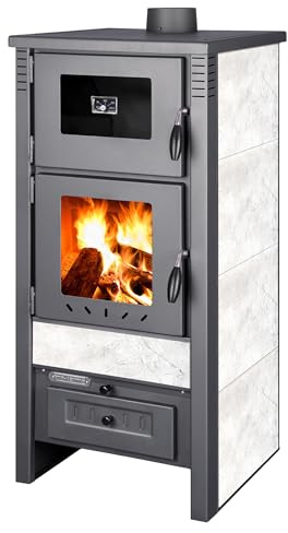 ProTermo Taurus Weiß Kaminofen mit Backfach und Thermometer – 12kW Heizleistung - Holzofen mit Schamottstein 52 x 50 x 107cm 2 Sichtfenster Werkstattofen - Bauart 1