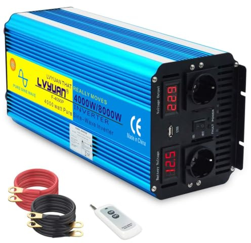 Spannungswandler 4000W 12V 230V Reiner Sinus Wechselrichter Fernbedienung 2 LED Power Inverter 2 Steckdose und USB /8000W Stoßkraft