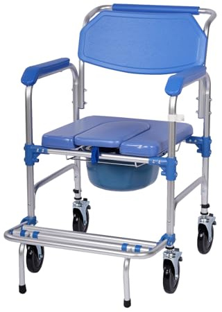 bimiti Toilettenstuhl Faltbar für Senioren, Toilettenstuhl mit Rollen and Anti-roll-Over Pedale, Rollstuhl mit Toilette für Patienten Senioren Behinderte und Schwangere, Bis 150 kg Belastbar