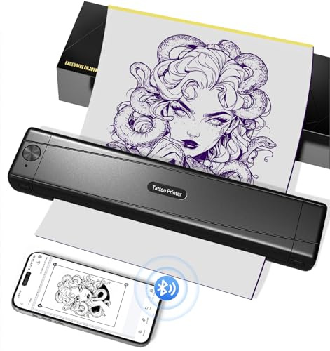 TATTMUSE Tattoo Drucker Bluetooth, Schablone Drucker mit 10 Stück Papier, A887 Stencil Drucker mit Smartphone & PC, Tattoo Transfer Nadeldrucker für Tattoo Künstler und Anfänger, Schwarz
