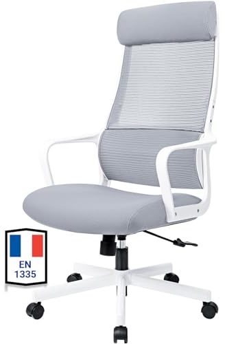 MELOKEA Bürostuhl Ergonomisch mit Verstellbarer Kopfstütze, Schreibtischstuhl mit Breites Sitzkissen, Lendenwirbelstütze, Bürostuhl 200 kg, Mesh Stuhl, Home Office Chair, EN 1335 Computerstuhl, Grau
