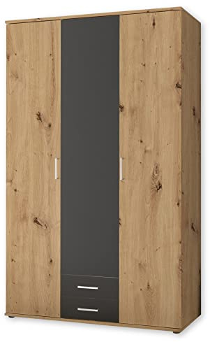 MARBURG Kleiderschrank in Artisan Eiche Optik, Graphit - Vielseitiger Drehtürenschrank 3-türig für Ihr Schlafzimmer - 120 x 196 x 54 cm (B/H/T)