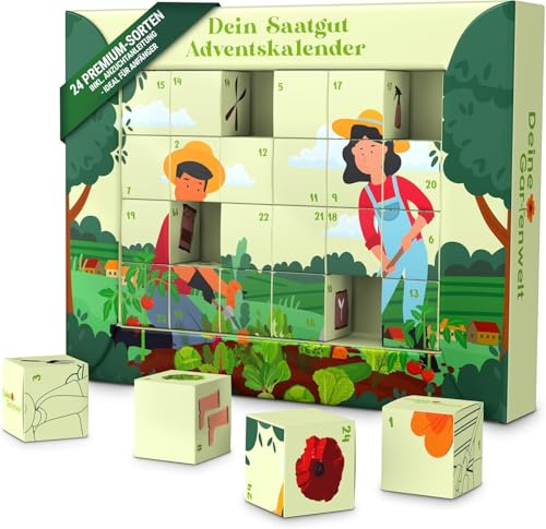 Deine Gartenwelt Saatgut Adventskalender 2026, 24 Sorten | 24 Saatgutsorten für Blumen, Kräuter und Gemüse – Adventskalender ohne Anzuchtzubehör