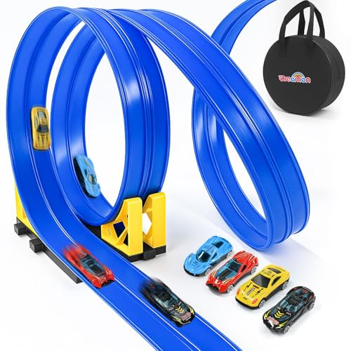 Dreamon Flexible Autorennbahn Kinder 5 Meter Rennbahn Rennstrecke Auto Spielzeug mit 4 Spielzeugautos 2 Rampen 1 Aufbewahrungstasche 4 Saugnäpfe Geschenke für Jungen und Mädchen 3 4 5 6 Jahre