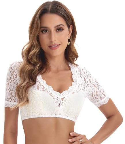 Adisno Dirndl Bluse Damen,Dirndlbluse Spitze,Dirndl Bluse, Dirndlblusen,Dirndlbluse Hat Einen Eleganten V-Ausschnitt und Sexy Spitze