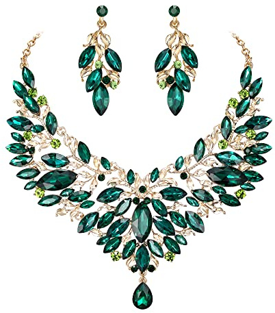 Clearine Braut Schmuck-Set Marquise-Kristall-Strass-Cluster-Statement-Halskette und baumelnden Ohrringe set für Damen Hochzeit Party Smaragd-Grün Gold-Ton