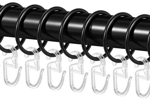 50 Stück Metall Gardinenringe, Schwarz Vorhangringe Duschvorhangringe Curtain Ringe mit 50 Stück Kunststoff Gardinenhaken für Fenster Tür Duschvorhänge, 32 mm Innendurchmesser - Schwarz