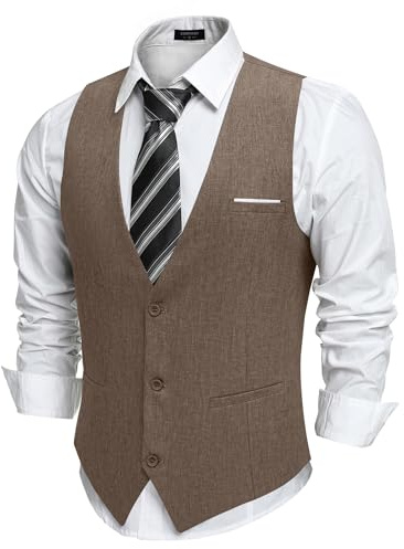 COOFANDY Weste Herren Anzug mit Taschen Anzugweste Gilet Casual Hochzeitsweste V-Ausschnitt Business Weste Suit Vest Braun L
