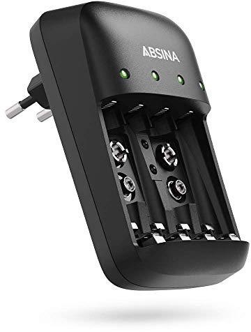 ABSINA Akku Ladegerät AA AAA & 9V - NiMH Batterieladegerät AAA AA & 9V Block 4-Fach für wiederaufladbare Batterien - Akkuladegerät - Battery Charger - Batterie Aufladegerät