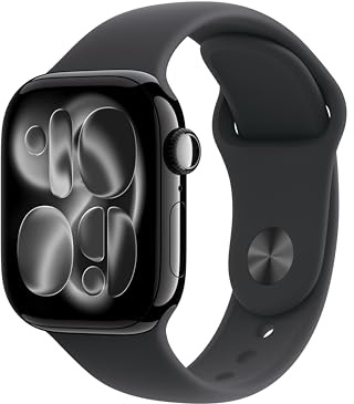 Apple Watch Series 11 GPS 42 mm Smartwatch mit Aluminiumgehäuse in Diamantschwarz und Sportarmband in Schwarz (S/M). Schlafindex, Fitnesstracker, Gesundheitstracking, Always-On Display, Wasserschutz