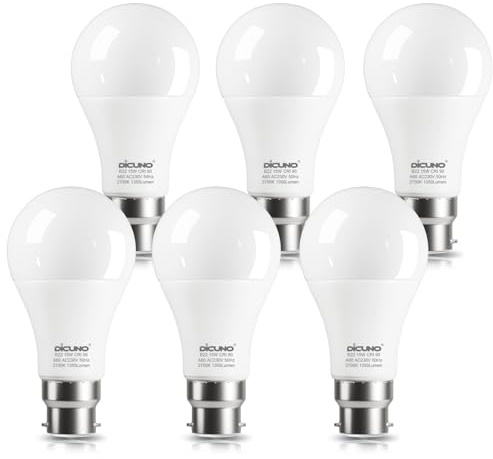 DiCUNO B22 LED Lampe 15W, ersetzt für 100W Glühlampe, 2700K Warmweiß, 1350LM, A60 LED Leuchtmittel in Kolbenform, Hängeleuchte, Stehlampe, klassisches Schraubgewinde B22, 230V, nicht Dimmbar, 6er Pack