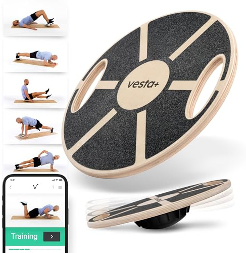 Vesta+ Balance Board Holz + Fitness App, Balanceboard aus nachhaltigem Eichenholz, Wackelbrett Balance Board, Therapiekreisel