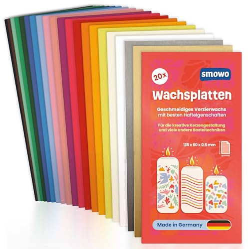 Smowo® 20 Wachsplatten 135x60mm zum Verzieren und Gestalten von Kerzen - Ideal für Kommunion, Taufe und Basteln - Kerzenwachs Platten Set für DIY Kerzenkunst