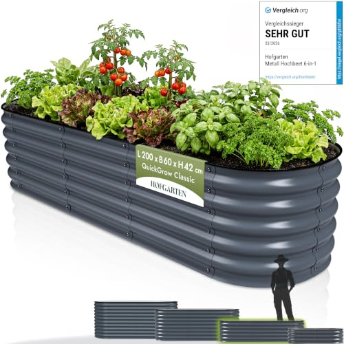 HOFGARTEN Hochbeet 200x60x42 cm, 6-in-1 Anthrazit | Modulares System, rostfrei und formstabil, ergonomisches Gärtnern, offener Boden