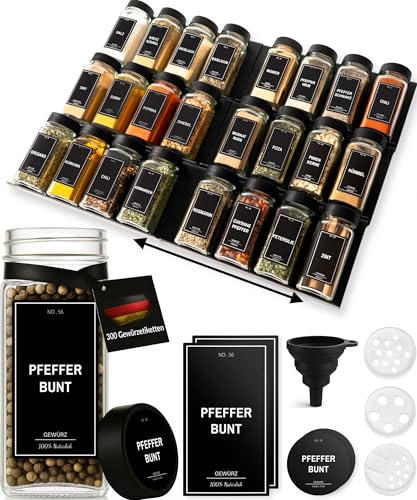 Greeano® Gewürzgläser mit Regal [24 x 120ml] inkl. 300 Gewürzetiketten [DE] - Gewürzregal mit Gläsern - Gewürz Organizer Schublade - Gewürzregal Schublade mit Gläsern Gewurzregalsystem Schwarz