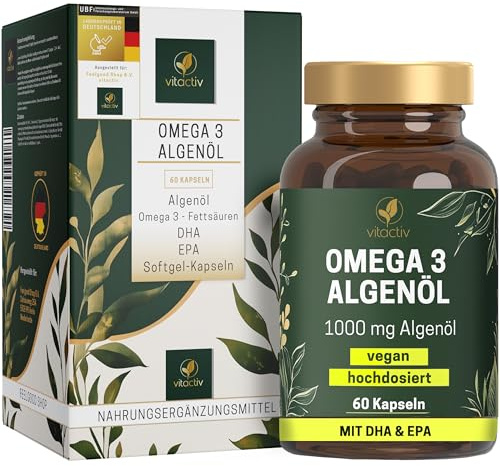 VITACTIV Omega 3 Algenöl mit 300 mg DHA, vegan, 60 Softgel-Kapseln | Kein fischiges Aufstoßen, 2 Kapseln liefern 550 mg Omega-3-Fettsäuren aus Mikroalgen, davon 150 mg EPA