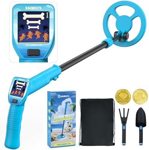 KAIWEETS Metalldetektor für Kinder, Animiertem Farb-LCD & Verstellbarem Schaft, Leichter Golddetektor Set mit Rucksack, Schaufel, Harke & Bonusmünzen – Ideal als Geburtstags