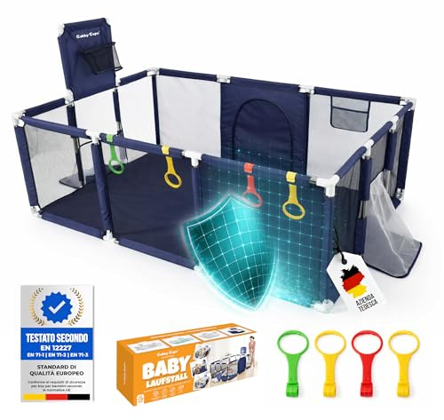 GUBBY GUPS® Laufstall Baby 180x122 cm – Laufgitter groß stabil mit Basketballkorb & Fußballtor – Spielbereich Baby mit Ringen, atmungsaktiv, sicherer Indoor Laufstall