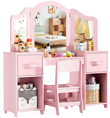 MAMIZO 2 in 1 Schminktisch Kinder Set, Schminktisch für Mädchen mit Spiegel | Kinderschminktisch mit Abnehmbarem Spiegel, Schreibtisch mit Hocker, 2PCS Stoffschubladen, Prinzessin Frisiertisch, Rosa