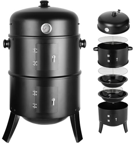 TLGREEN Räucherofen, 3 in 1 Smoker Grill Holzkohlegrill, Räuchertonne Räuchergrill Watersmoker, Räuchern Räucherofen mit Deckel & Thermometer, 2 Grillrost Edelstahl, 2 Wasserschale Emaille