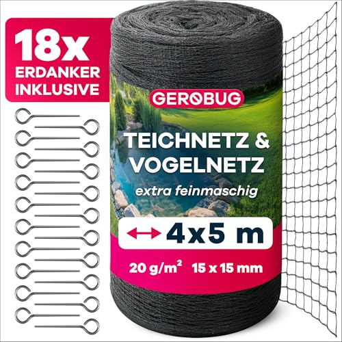 GEROBUG Teichnetz feinmaschig 4x5m - witterungs- & UV beständiges Teichnetz gegen Reiher - Vogelschutznetz, Laubnetz Teich, Hühner Netz feinmaschig, Vogelnetz, Laubschutznetz