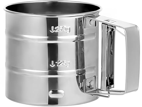 Mehlsieb Edelstahl 250 g, Einhand-Sieb mit Federgriff für Mehl, Puderzucker und Kakao, feines Küchensieb zum Backen, Silber, spülmaschinengeeignet