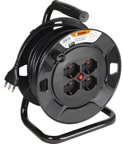 BTICINO Kabeltrommel S2620, elektrische Verlängerung 20 Meter, 4 vielseitige Schuko-Steckdosen, zweipolig, großer Stecker 16 A, Thermoschalter, ergonomischer Griff, Kabelklemme, Full Black
