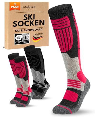 sockenkauf24 Damen Merino Skisocken 39-42 (2 Paar) Thermo Winter Kniestrümpfe mit Polsterung für Ski und Snowboard (Schwarz/Pink)