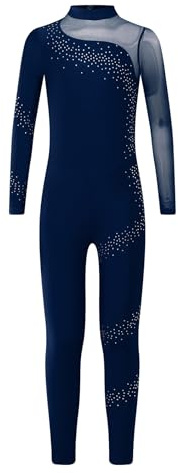 Vxuxlje Gymnastikanzug Mädchen Langarm Ganzkörper Glitzer Strass Turnanzug Patchwork Ballett Trikotanzug Tanzbody Voltigieranzug Akrobatik Anzug Navy blau 158-164