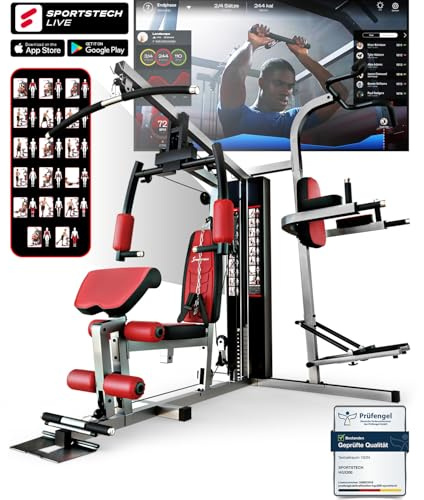 Sportstech, Kraftstation + bis 70kg mit Beinpresse & Stepper HGX150/HGX200 | Kraftstation für Zuhause mit Latzug, Bizeps-Curl, Beinstrecker, Klimmzugstange und Stepper für vielseitiges Krafttraining
