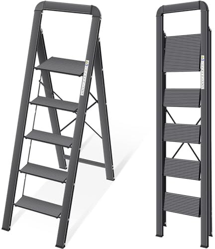 KINGRACK Stufenleiter, 5 Stufen, klappbare Stufenleiter mit Handlauf, rutschfeste Haushaltsleiter mit Klappsicherung, Aluminium Tritthocker, maximale Belastung 150 kg - Schwarz