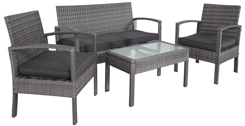 Casaria® Gartenmöbel Set Wetterfest 4 Personen Outdoor inkl. Auflagen Polyrattan 2 Sessel Gartenbank Tisch Garten Terrasse Balkon Möbel Lounge Grau