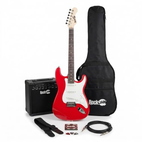 RockJam Full Size Electric Guitar Kit with 10-Watt Guitar Amp, Lessons, Strap, Gig Bag, Picks, Whammy, Lead and Spare Strings - Red