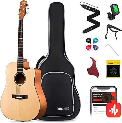 Donner Akustikgitarre Set - 4/4 Gitarre in Volle Größe für Anfänger Erwachsene Einsteiger Akustik Gitarre 41 Zoll Cutaway Gitarren mit Gigbag 6 Saiten Capo Plektren(Natur)