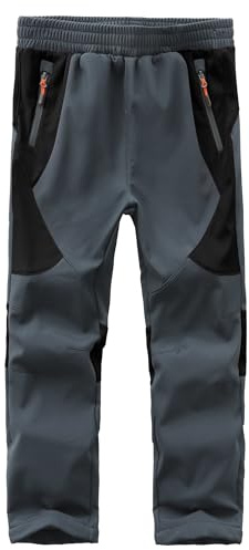 Kinder Softshell gefütterte Skihose, Thermalhose, Wasserdicht,Mädchen Wanderhose-Dark Grey+Black-134-140