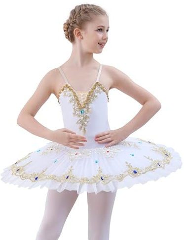 FONLAM Ballettkleid für Mädchen Damen Tänzerin Kostüm Balletttrikot Tanzkleid Tanztrikot Ballettkleidung Besticktes Ballett Tutu Damen (Weiß, S)