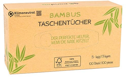 pandoo 100% Bambus Taschentücher | Holzfreies Taschentuch in plastikfreier Verpackung | Kosmetiktücher Box Spender | 100 Blatt - 3-lagig | Perfekt für jede Nase | (24 Stück)