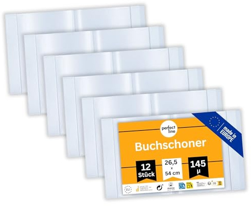 perfect line – 12x Buchumschlag 26,5 cm Höhe – Schulbuchhülle extra stabil aus PP – Buchschoner glasklar, transparent, abwischbar – Hülle bis 54 cm Breite – Made in EU – ideal für Bücher