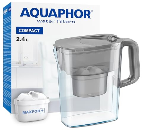 AQUAPHOR Compact | Wasserfilter Kanne inkl.1 Maxfor+ Kartusche | 2,4l grau | Ideal für die Kühlschranktür & kleine Küchen