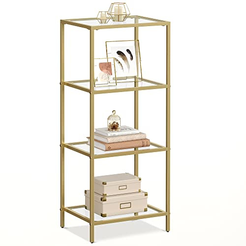 VASAGLE Regal mit 4 Ablagen, Badregal, gehärtetes Glas, einfache Montage, für Badezimmer, Wohnzimmer, Küche, Büro, transparent-metallisches Gold LGT28G