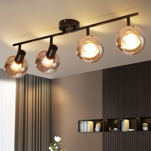 CBJKTX Deckenstrahler Schwarz Deckenspots 4 Flammig 350° Schwenkbar | Deckenlampe E14 Spots Glas Deckenleuchte Strahler Rauchgrau Modern küchenlampe Schlafzimmer Küche Wohnzimmer Ohne Lichtquelle