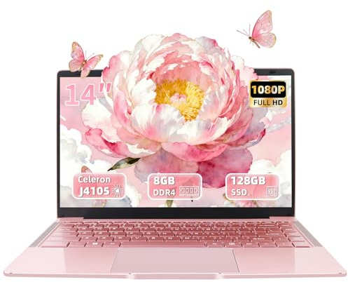 Fsjun 14 Laptop Roségold, Quad-Core Prozessor Celeron J4105 [schneller als N4000 und AMD 3020e], 8GB RAM, 128GB SSD, FHD IPS, HDMI, WLAN, Bluetooth, ultraleichtes und tragbares Notebook für Studenten