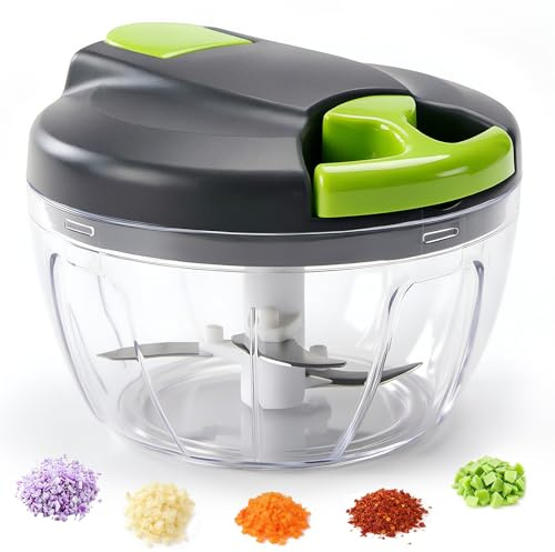 Zwiebelschneider Manuell mit Seilzug 520ml, Zwiebel Zerkleinerer Manuell BPA-Frei Ohne Strom, Gemüseschneider mit 3 Edelstahlklingen und Rutschfester Basis für Gemüse, Obst, Knoblauch - silttble