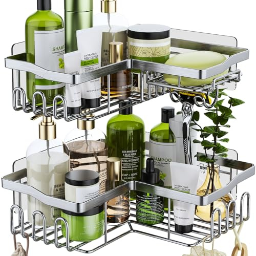 HapiRm Duschablage,Duschablage Ecke Duschregal Ohne Bohren Duschkorb mit 11 Haken Seifenschale und Rasiererhalter,Rostfrei,Badregal für Badezimmer Küche Dusche,6 Selbstklebend